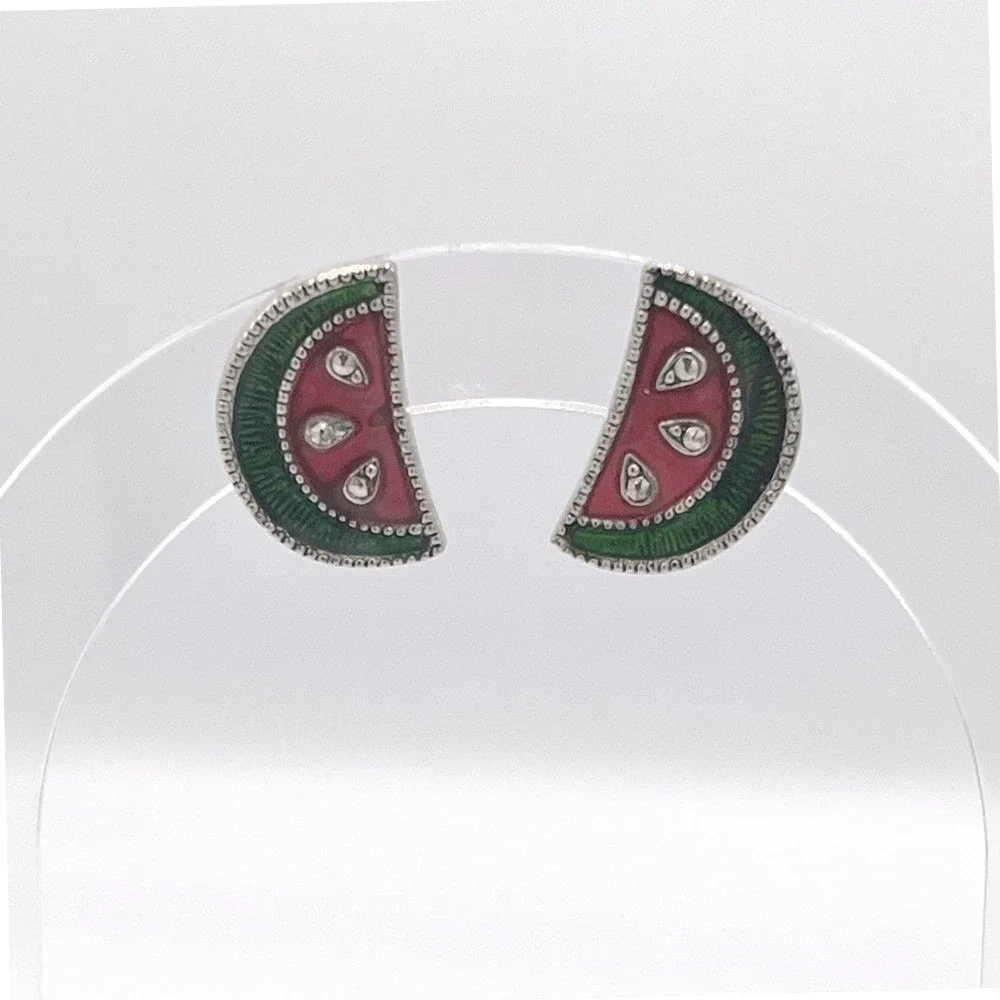 Avon Watermelon Slice Enamel Stud Earrings Silver Tone Vintage Summer Jewelry